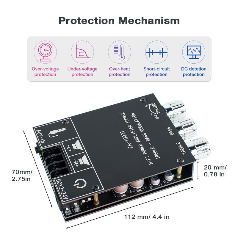 Hosyond لوحة مضخم الصوت ZK-1002T 100W+100W مع تحكم في الترددات العالية والمنخفضة 2.0 قناة ستيريو لمضخم الصوت بلوتوث لتجميع مكبرات الصوت في المسرح المنزلي - Image 4